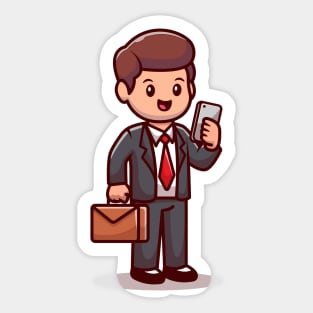 Businessman With Phone And Suitcase Cartoon Sticker